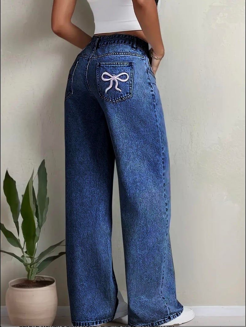 Nifty Women's Denim Stretchable High Waist Medium Wash Baggy Jeans (1477_BTA_26_Blue_26) || Back Pocket Bow tie Detail - Image 3