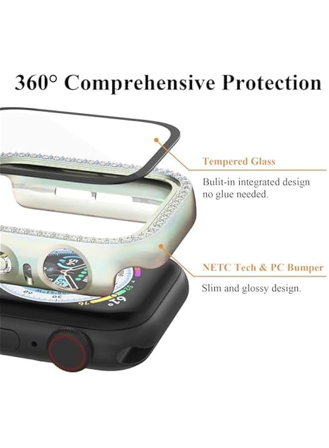 حقيبة براقة متوافقة مع ساعة آبل 38 مم iwatch 3 2 1، مصنوعة من بولي كربونات صلب، تصميم فانتازي بتدرج لوني فلوروسنت مع حافة مزينة بالأحجار اللامعة، مزودة بحماية شاشة زجاجية مقساة، باللون الأخضر - Image 2
