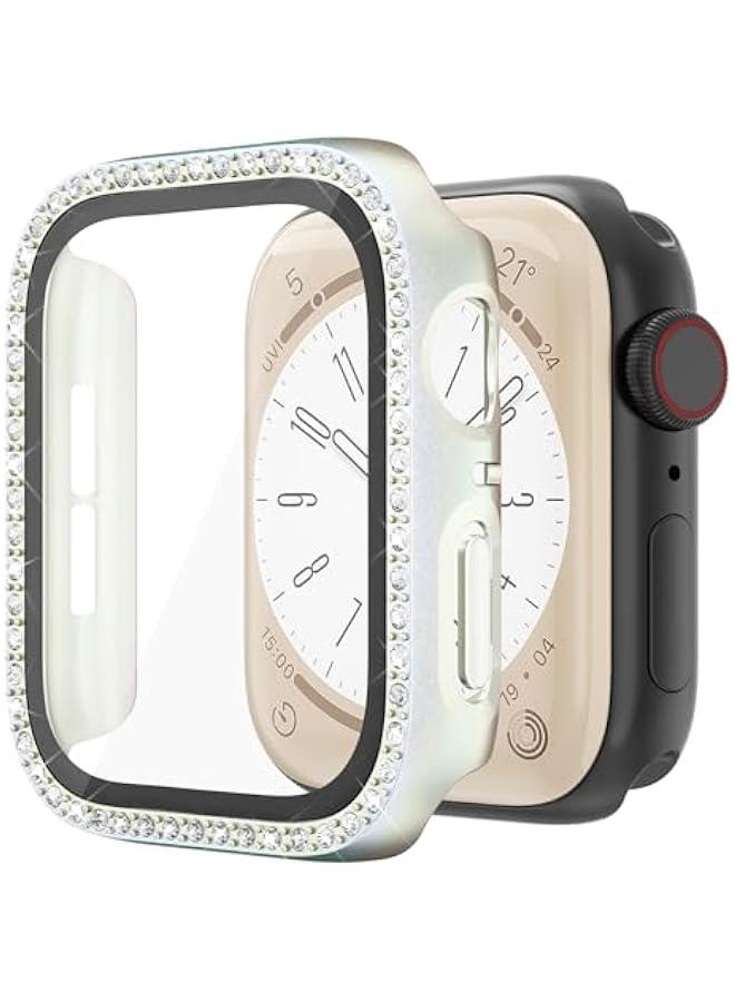 حقيبة براقة متوافقة مع ساعة آبل 38 مم iwatch 3 2 1، مصنوعة من بولي كربونات صلب، تصميم فانتازي بتدرج لوني فلوروسنت مع حافة مزينة بالأحجار اللامعة، مزودة بحماية شاشة زجاجية مقساة، باللون الأخضر - Image 1