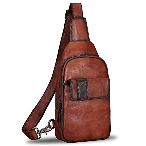 IVTG Genuine Leather Sling Bag for Men and Women - Vintage Sling Backpack Fashion Shoulder Crossbody Chest Bag - Coffee - Image 1