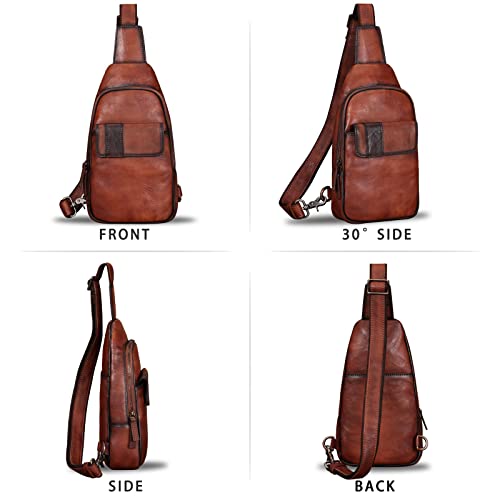 IVTG Genuine Leather Sling Bag for Men and Women - Vintage Sling Backpack Fashion Shoulder Crossbody Chest Bag - Coffee - Image 4