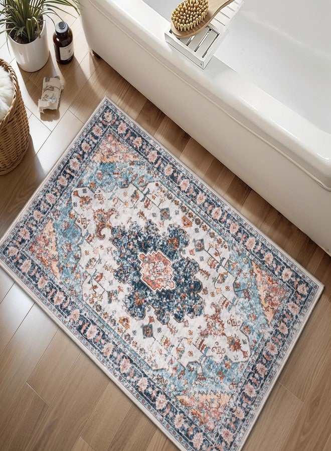 Tangsoo Vintage Rug 2x3 Washable Rug for Entryway, Non Slip Small, Indoor Front Door, Print Distressed Blue/Beige Door Mat Carpet, Soft Low Pile Rugs for Entrance Kitchen Bedroom Bathroom - Image 2