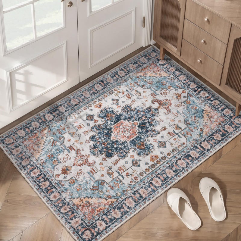Tangsoo Vintage Rug 2x3 Washable Rug for Entryway, Non Slip Small, Indoor Front Door, Print Distressed Blue/Beige Door Mat Carpet, Soft Low Pile Rugs for Entrance Kitchen Bedroom Bathroom - Image 1