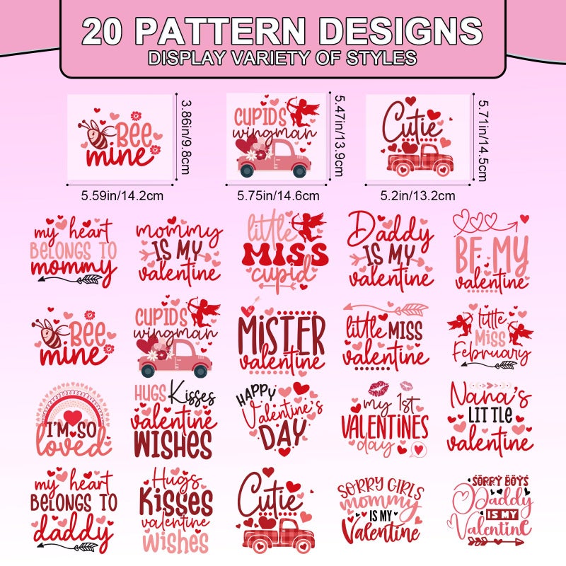 Shejdgart Dtf Transfers Ready to Press - 20 Pcs Valentines Day Iron on Patches for T-Shirts, Love Heart Iron on Stickers Cute Heat Transfer Vinyl Decals for DIY Fabric Clothes Decor - Image 2