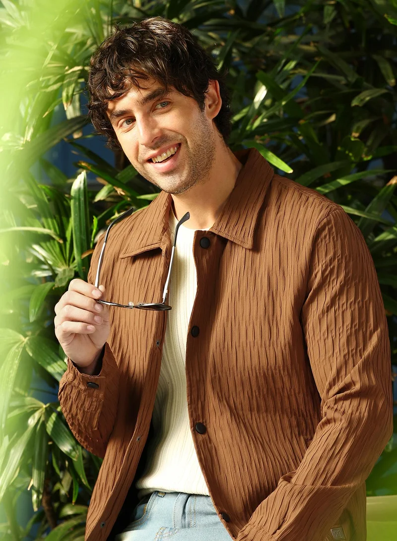 Men Crease-Tactile Bomber Jacket | Point Collar, Long Button-Cuff Sleeves | Snap Button , Stretch-Straight Hem | Solid Textured | Woven Fabric For Casual & Daily Wear | Teddy Brown