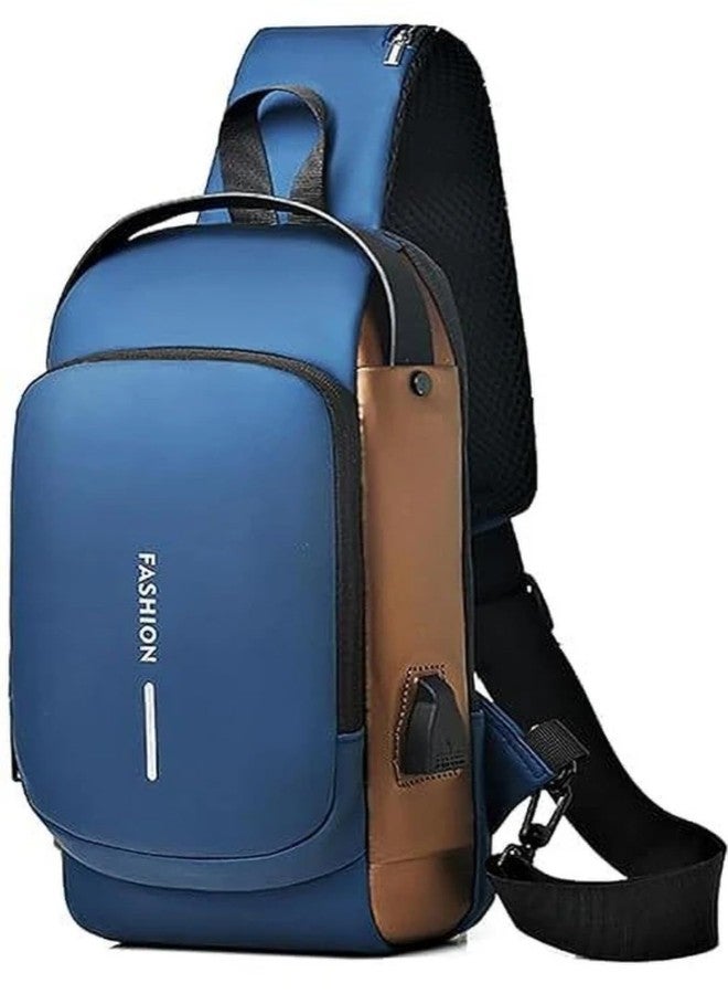 Alison Waterproof Anti-theft Crossbody Bag With Password Zipper Lock & USB Charging Port, Men's Shoulder Chest Daypack Bag Travel Hiking Sling Backpack (Blue) - Image 1