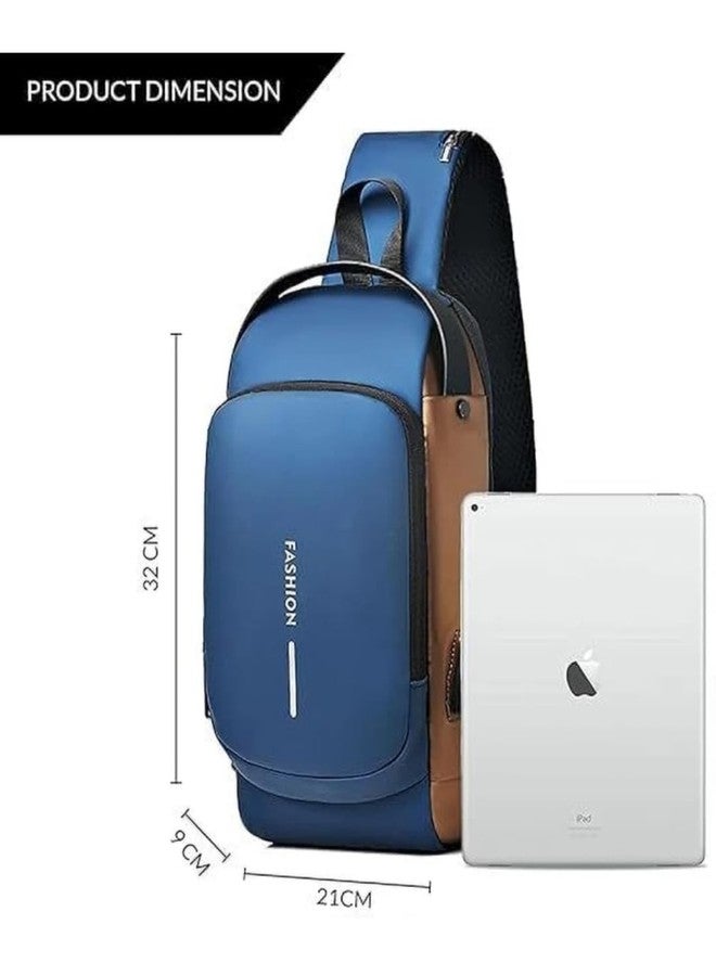 Alison Waterproof Anti-theft Crossbody Bag With Password Zipper Lock & USB Charging Port, Men's Shoulder Chest Daypack Bag Travel Hiking Sling Backpack (Blue) - Image 2