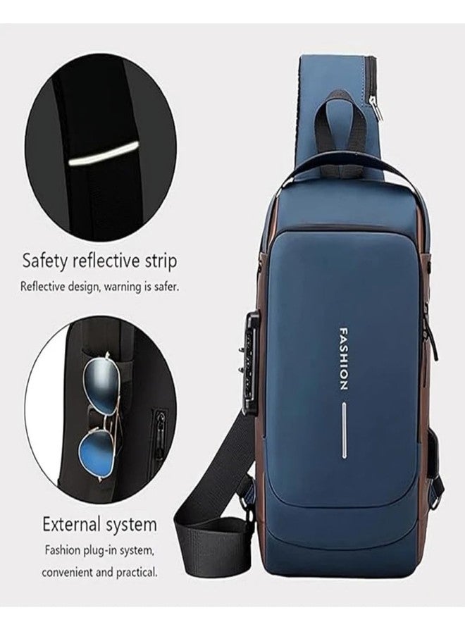 Alison Waterproof Anti-theft Crossbody Bag With Password Zipper Lock & USB Charging Port, Men's Shoulder Chest Daypack Bag Travel Hiking Sling Backpack (Blue) - Image 4