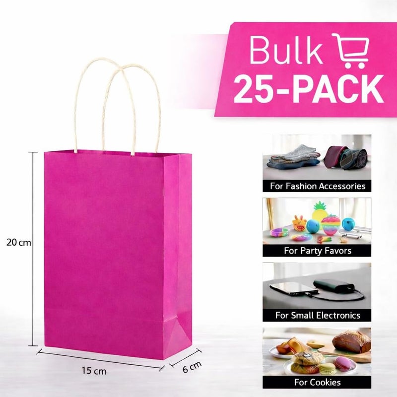 Fuchsia Pink Paper Gift Bags with Handles, Small Size 15x20 cm, 25 Pack
