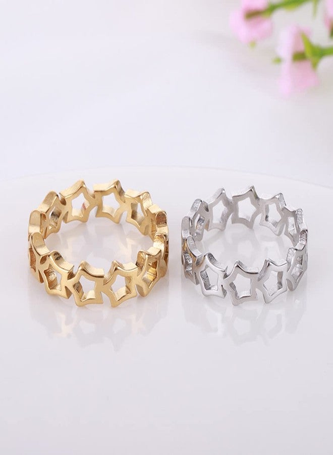 HAIXIAN Dainty Hollowed Stars Ring for Women,14K Yellow Gold Cute Thin Statement Band Rings (Ring_C, 10) - Image 2