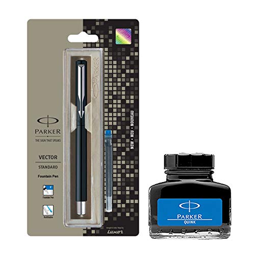 Parker Vector Standard CT Fountain Pen - Black + Quink Ink Bottle - Blue (30ML) - Image 3