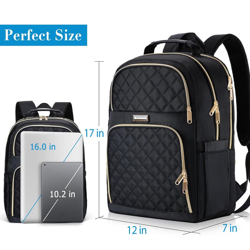 Kuosdaz Backpacks for Women, Cute School Backpack for Teen Girls, 15.6 Inch Quilted Laptop Backpack, Large Bookbag for Middle School Students, College Back Pack for Teacher, Black - Image 3