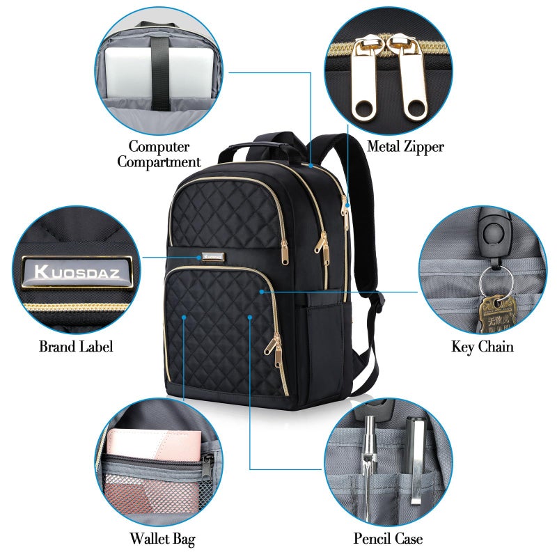 Kuosdaz Backpacks for Women, Cute School Backpack for Teen Girls, 15.6 Inch Quilted Laptop Backpack, Large Bookbag for Middle School Students, College Back Pack for Teacher, Black - Image 5