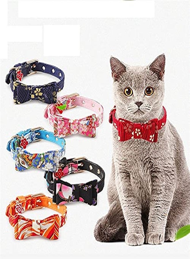 Royale Dog Cat Japanese-Style Bow Cat Collar PU Collar Bell Bow Pet Cat Tie Adjustable Neck 17-24cm Width- 1cm (Black) - Image 1