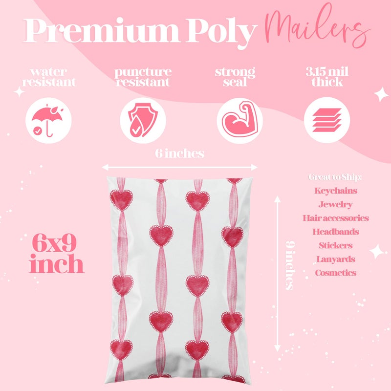 Pretty Package Store 6x9 Designer Poly Mailer 100 Pack Heavy Duty Waterproof Self Seal Shipping Bags for Small Business Large Mailing Envelopes Bulk Tear Resistant Packaging Red Valentine Heart - Image 2