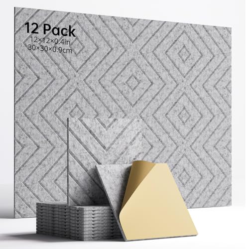 Woovio Sound Proof Foam Panels for Walls, 12 Pack Self-Adhesive Acoustic Panels, 12" X 12" X 0.4" Soundproof Wall Panels for Door, Ceiling, Home Office Gray - Image 1