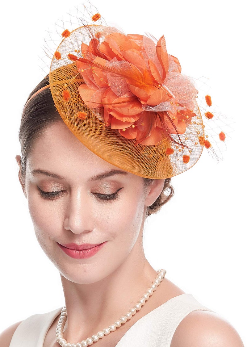 Cizoe Fascinators Hats for Womens 50s Headwear with Veil Flower Cocktail Wedding Tea Party Church Derby Hat (1-4-orange) - Image 4