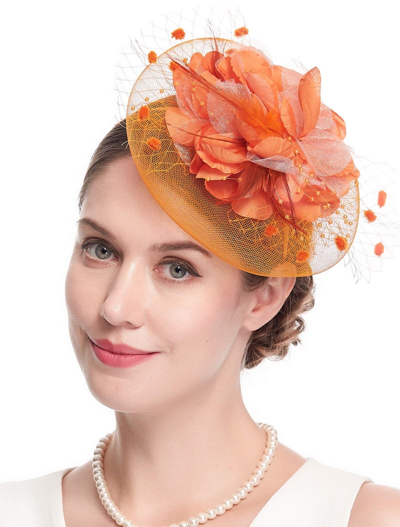 Cizoe Fascinators Hats for Womens 50s Headwear with Veil Flower Cocktail Wedding Tea Party Church Derby Hat (1-4-orange) - Image 2
