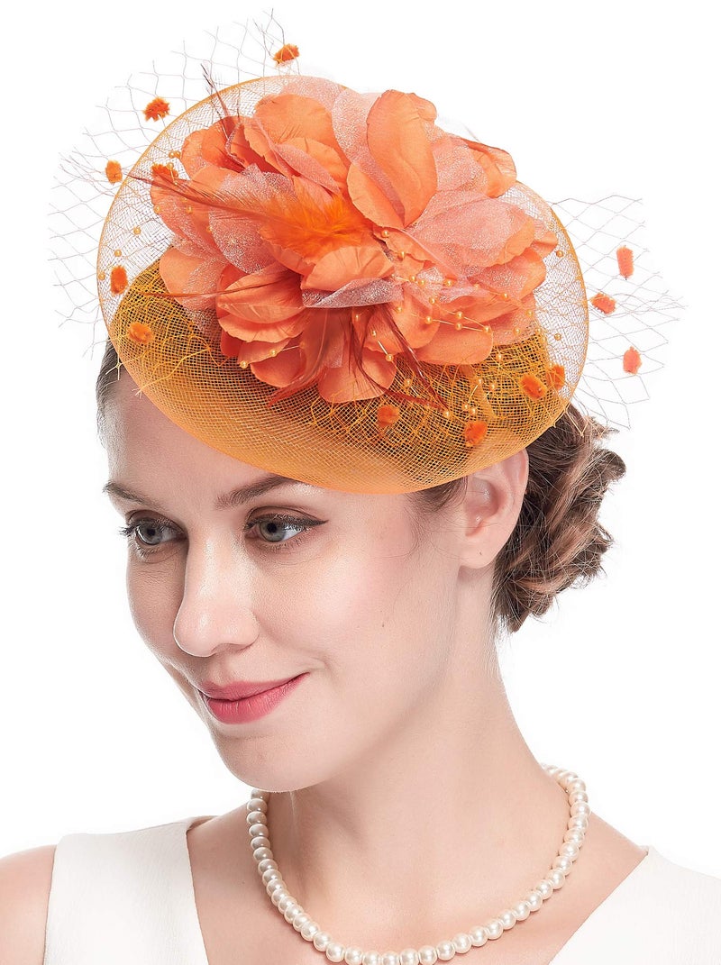 Cizoe Fascinators Hats for Womens 50s Headwear with Veil Flower Cocktail Wedding Tea Party Church Derby Hat (1-4-orange) - Image 1