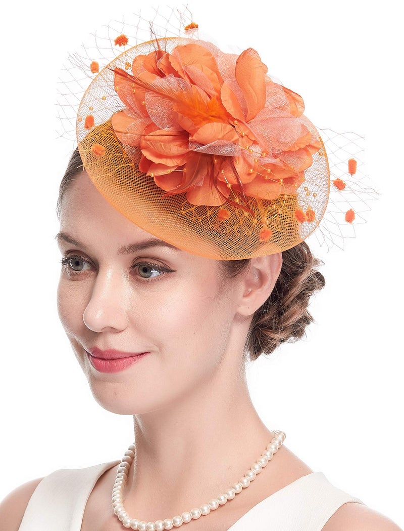 Cizoe Fascinators Hats for Womens 50s Headwear with Veil Flower Cocktail Wedding Tea Party Church Derby Hat (1-4-orange) - Image 3