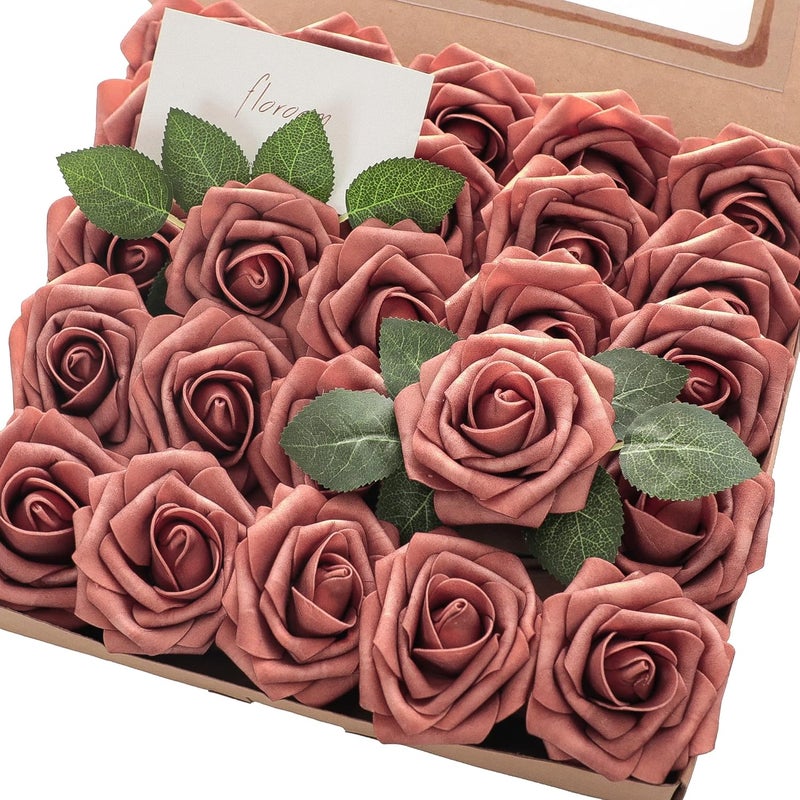 Floroom زهور صناعية من ، 25 قطعة، تبدو حقيقية، بلون أرجواني برتقالي محروق، مصنوعة من الرغوة، وتأتي مع سيقان لتزيين باقات الزفاف أو طاولات الحفلات أو الديكور المنزلي. - Image 1