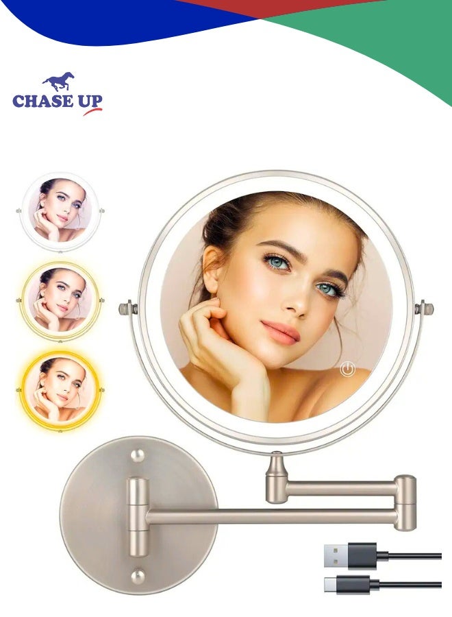 Chase Up 8" Wall Mounted Makeup Mirror, 1X/10X Magnification, Double-Sided, 360° Swivel, 3 Color Lights, Touch Screen Dimming, Extendable Arm, Nickel Frame, 16.5" x 12" Round, Bathroom Mirror
