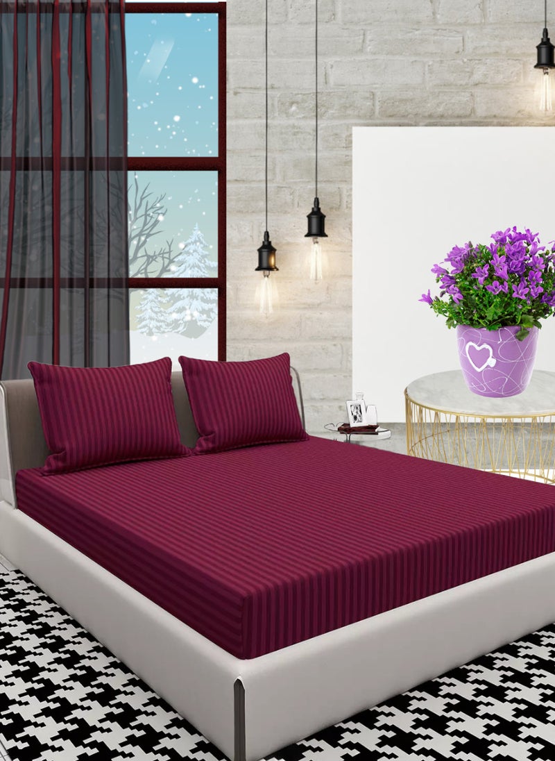 Blueberry Maroon Striped Sheet Set Deep Pockets Machine Washable Soft Cotton200x200+25cm - Image 1