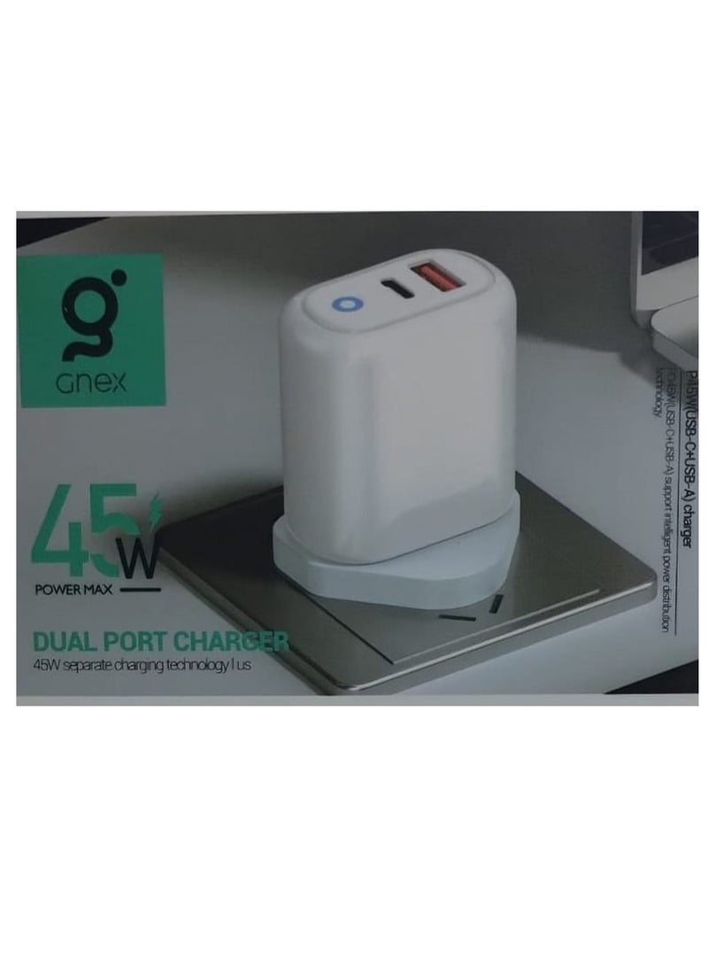 Gnex 45W Charger with USB Port, PD Port, and Type-C Charging Cable White - Image 1