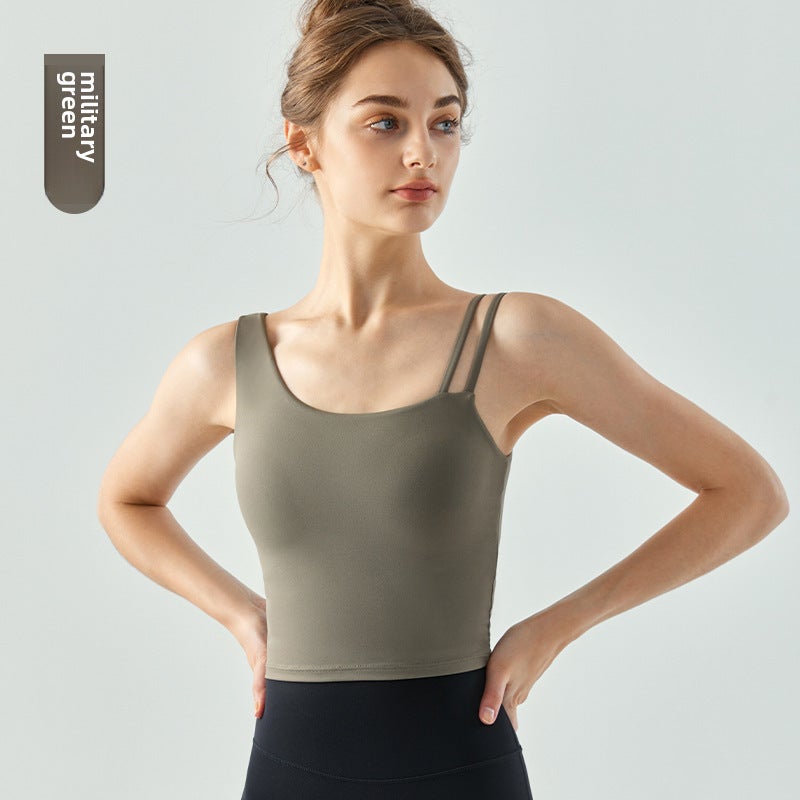 Generic Yoga Tank Top with Padded Asymmetric Straps Army Green 