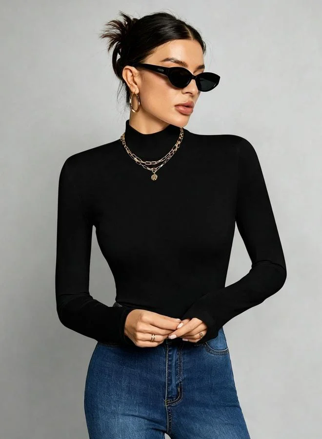 Take Two Black Long Sleeve Mock Neck Top