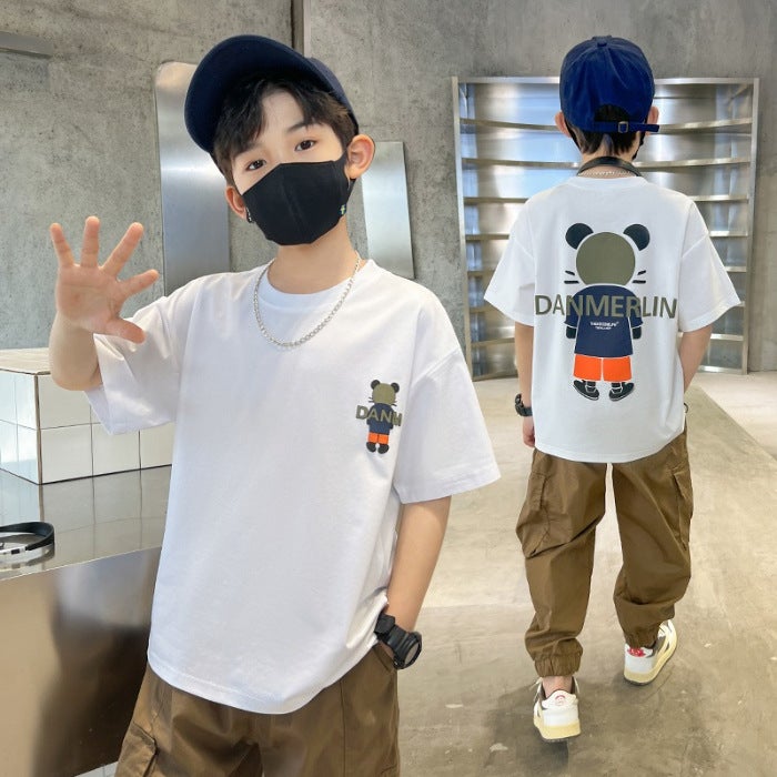 Boys Short-sleeved T-shirt 2025 New Style Top Big Boys Summer Cotton White Summer Wear Children's Trendy Street - Image 1