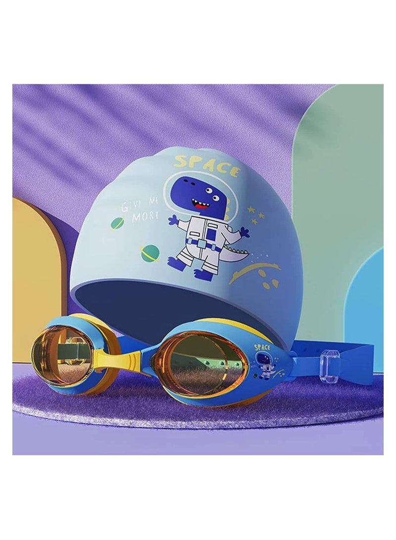 GGEROU Kids Swimming Cap with Swim Goggles, Silicone Cartoon Girls Swim Cap Boys Bathing Caps for Kids, Blue  - Image 1