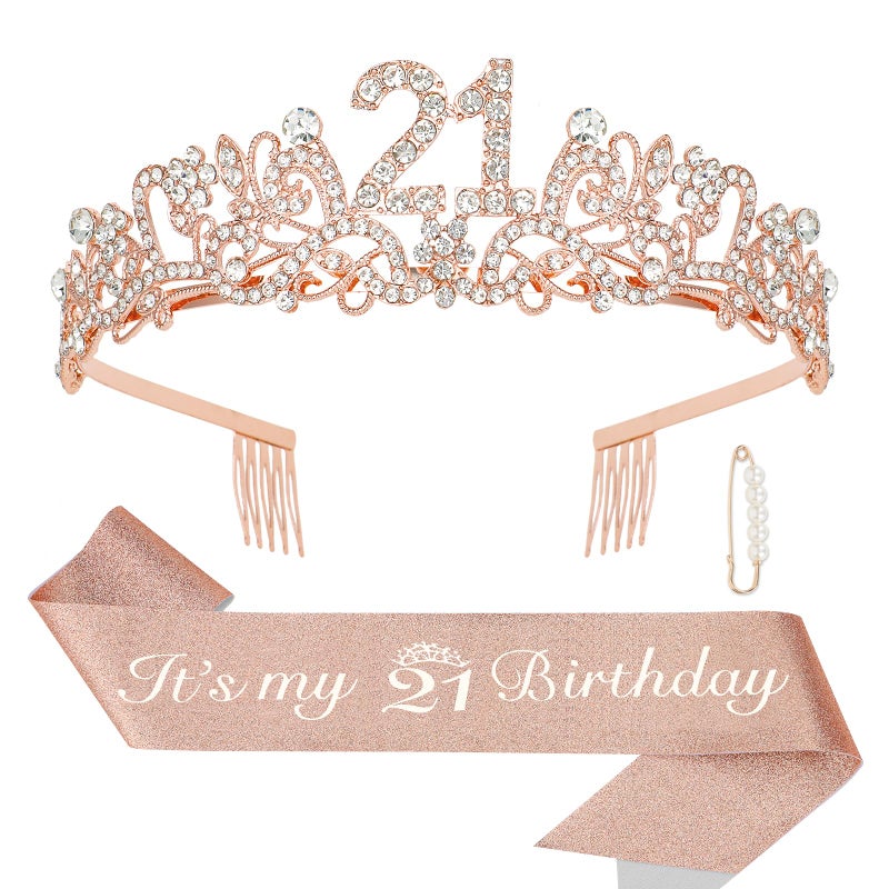 Semato 21st Birthday Decorations for Her Sash and Crown Tiara Kit Rose Gold 21st Birthday Gifts for Girls Party Supplies - Image 1