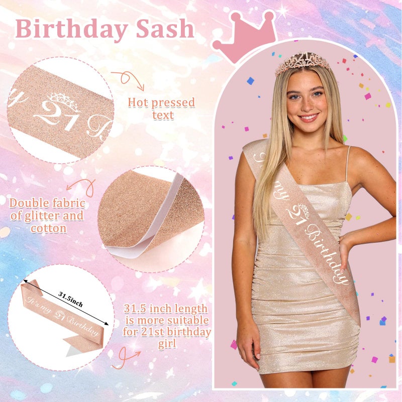 Semato 21st Birthday Decorations for Her Sash and Crown Tiara Kit Rose Gold 21st Birthday Gifts for Girls Party Supplies - Image 3