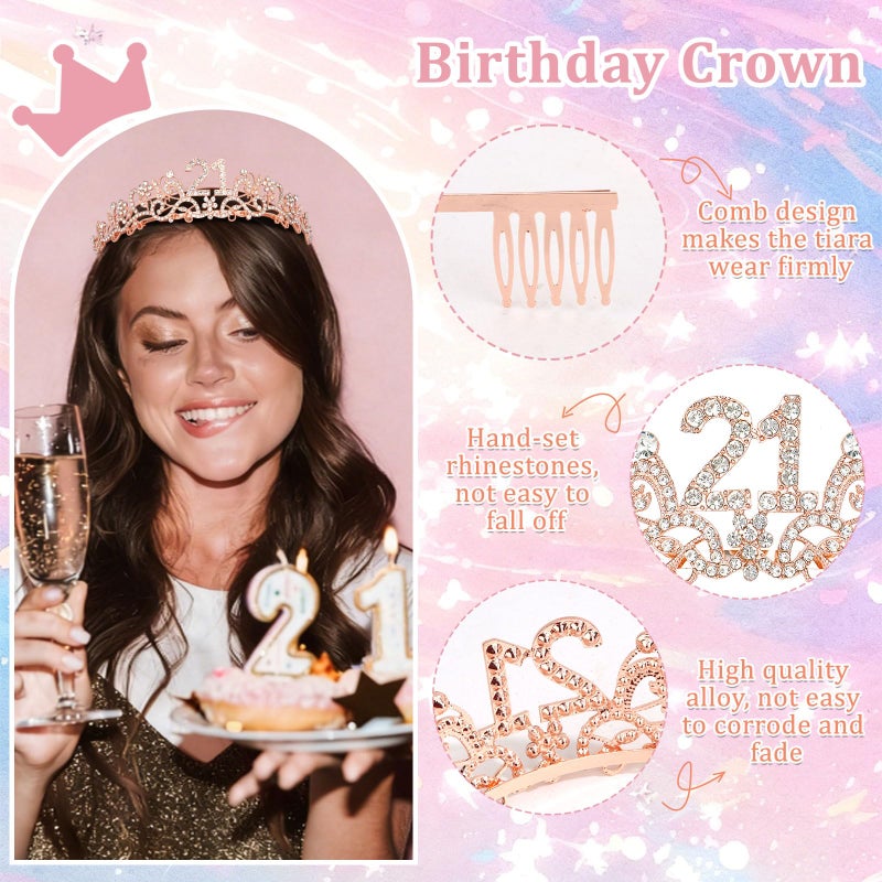 Semato 21st Birthday Decorations for Her Sash and Crown Tiara Kit Rose Gold 21st Birthday Gifts for Girls Party Supplies - Image 2