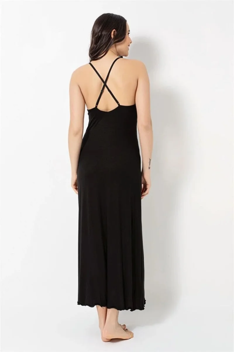 موناميسي Women's Black Chest and Back Low-Cut Lace Slit Nightgown 18492