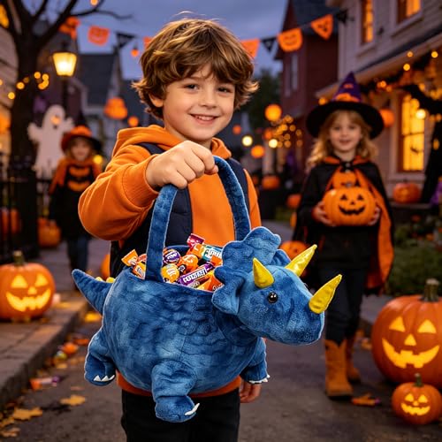 DearSun 3D Halloween Plush Basket Trick or Treat Bag Cute Triceratops Animal Halloween Candy Bucket for Decorations Party Supplies Candy Gifts Storage Blue - Image 5