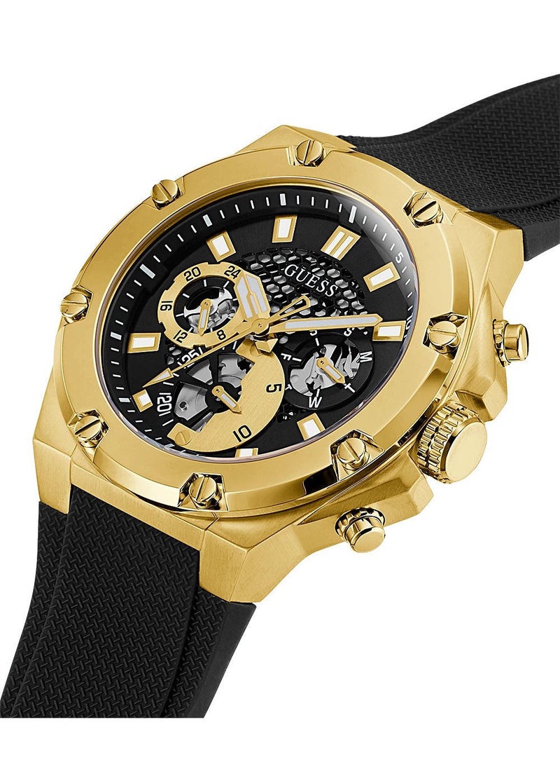 GUESS ساعة جيس للرجال بهيكل ذهبي اللون وسوار سيليكون أسود GW0334G2 - Image 2
