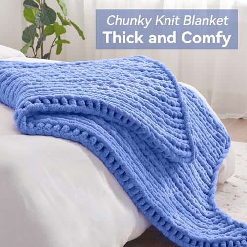 Negwoo Chunky Knit Throw Blanket, 50''*60'' Knitted Throw Chenille Yarn for Bed Couch, Handmade Light Blue Crochet Big Thick Blanket, Machine Washable Cute Comfy Blanket for Home Decor - Image 5