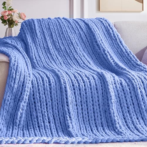 Negwoo Chunky Knit Throw Blanket, 50''*60'' Knitted Throw Chenille Yarn for Bed Couch, Handmade Light Blue Crochet Big Thick Blanket, Machine Washable Cute Comfy Blanket for Home Decor - Image 1