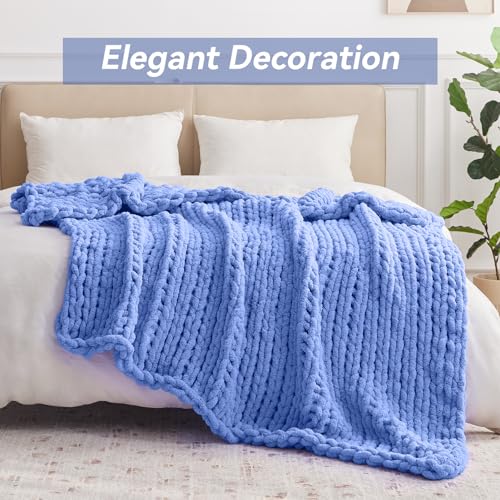 Negwoo Chunky Knit Throw Blanket, 50''*60'' Knitted Throw Chenille Yarn for Bed Couch, Handmade Light Blue Crochet Big Thick Blanket, Machine Washable Cute Comfy Blanket for Home Decor - Image 3