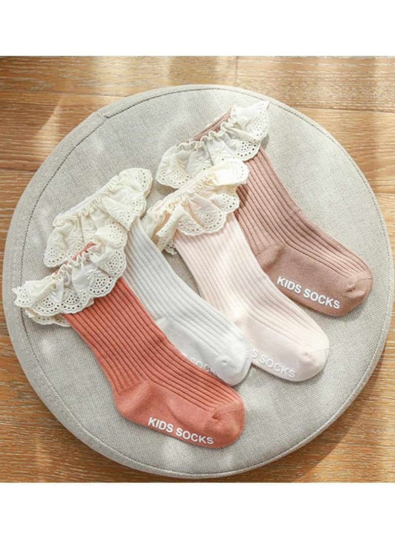 SYOSI Baby Girls Knee High Socks, 4 Pack NewBorn Baby Girls Socks Toddler Cotton Knee High Stockings Lace Long Infant Ruffled Princess Socks, 1-3 Years old  - Image 3