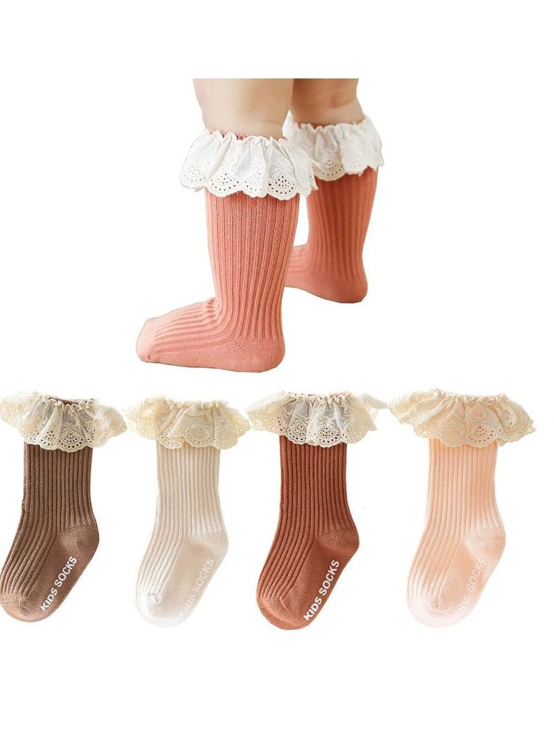 SYOSI Baby Girls Knee High Socks, 4 Pack NewBorn Baby Girls Socks Toddler Cotton Knee High Stockings Lace Long Infant Ruffled Princess Socks, 1-3 Years old  - Image 1