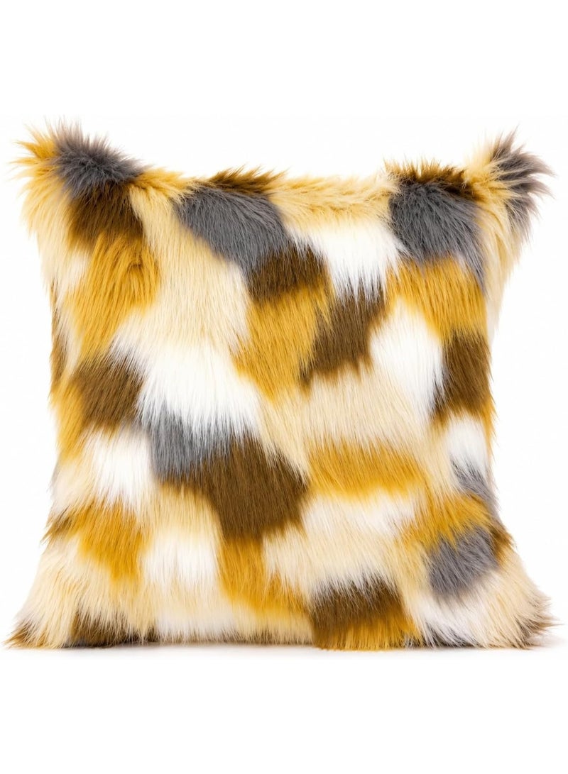 GOLD MANTIS Faux Fur Cushion Covers 45 x 45 CM Pack of 2 – Soft Fluffy Decorative Throw Pillow Covers, Multicolor Checkered Patchwork Pillowcases for Sofa, Couch, Bed & Living Room - Image 1