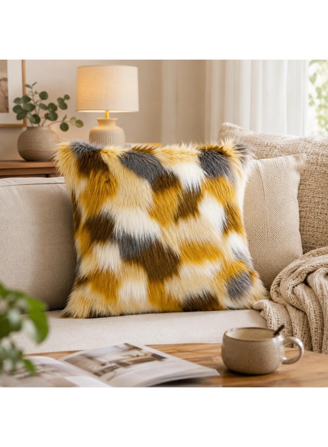 GOLD MANTIS Faux Fur Cushion Covers 45 x 45 CM Pack of 2 – Soft Fluffy Decorative Throw Pillow Covers, Multicolor Checkered Patchwork Pillowcases for Sofa, Couch, Bed & Living Room - Image 2