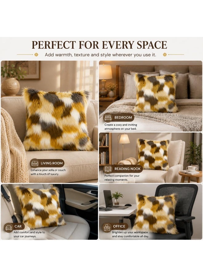GOLD MANTIS Faux Fur Cushion Covers 45 x 45 CM Pack of 2 – Soft Fluffy Decorative Throw Pillow Covers, Multicolor Checkered Patchwork Pillowcases for Sofa, Couch, Bed & Living Room - Image 5