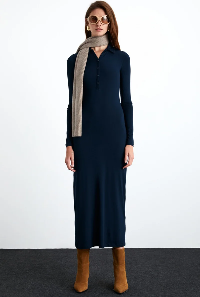 GRIMELANGE Saıdy Women's Viscose Blend Shirt Collar Slim Fit Navy Blue Dress
