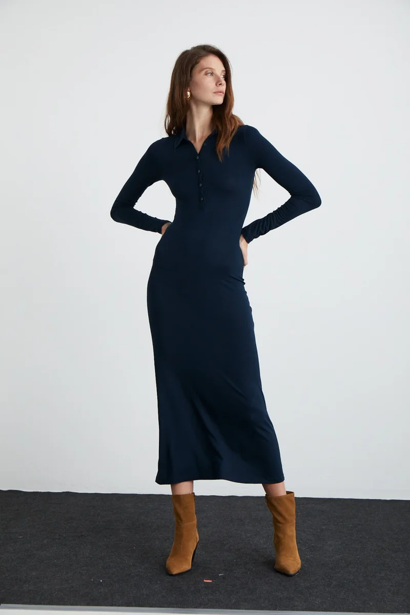GRIMELANGE Saıdy Women's Viscose Blend Shirt Collar Slim Fit Navy Blue Dress