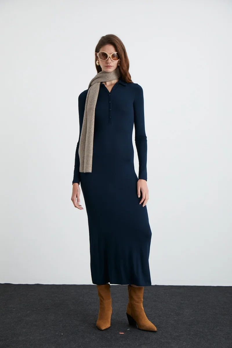 GRIMELANGE Saıdy Women's Viscose Blend Shirt Collar Slim Fit Navy Blue Dress