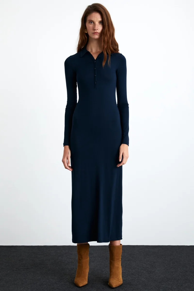GRIMELANGE Saıdy Women's Viscose Blend Shirt Collar Slim Fit Navy Blue Dress